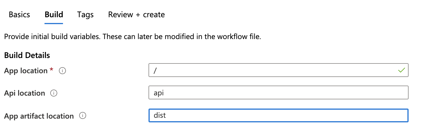 A configuração da construção do Azure Portal